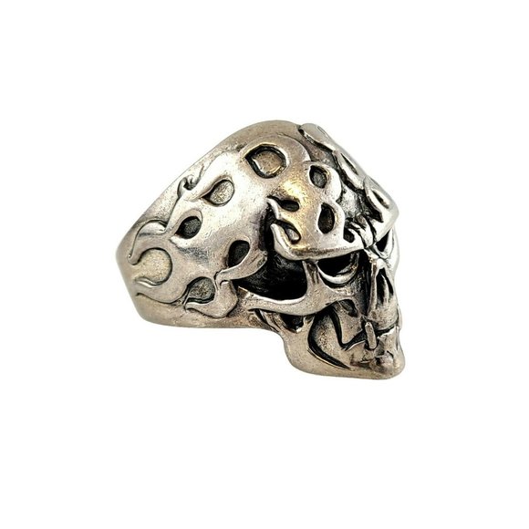 Men's Sterling Silver Flaming Skull Biker Ring - Picture 6 of 10
